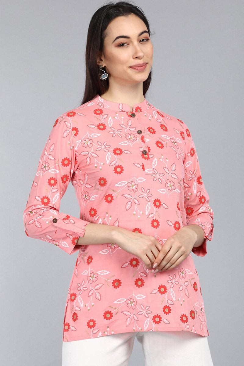 Pink Cotton Floral Print Regular Tunic Top | SHOBITAM