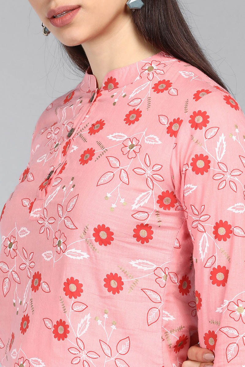 Pink Cotton Floral Print Regular Tunic Top | SHOBITAM