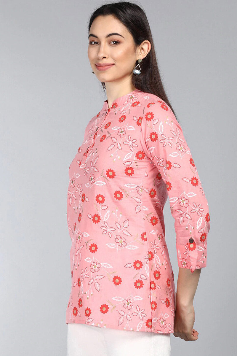Pink Cotton Floral Print Regular Tunic Top | SHOBITAM