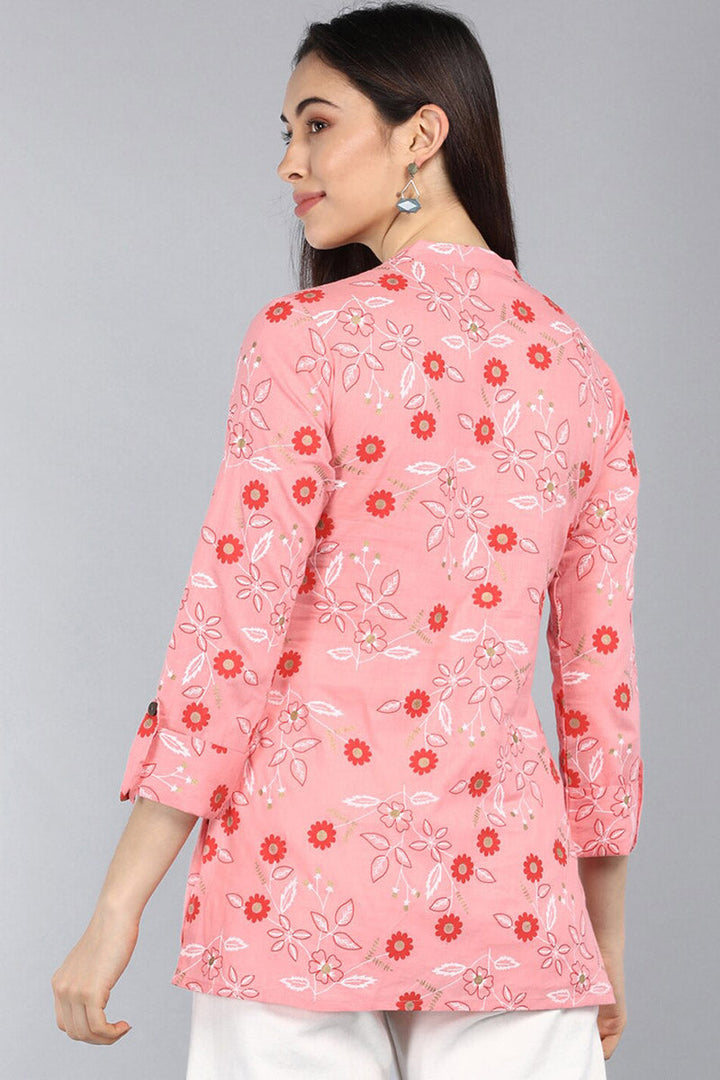 Pink Cotton Floral Print Regular Tunic Top | SHOBITAM