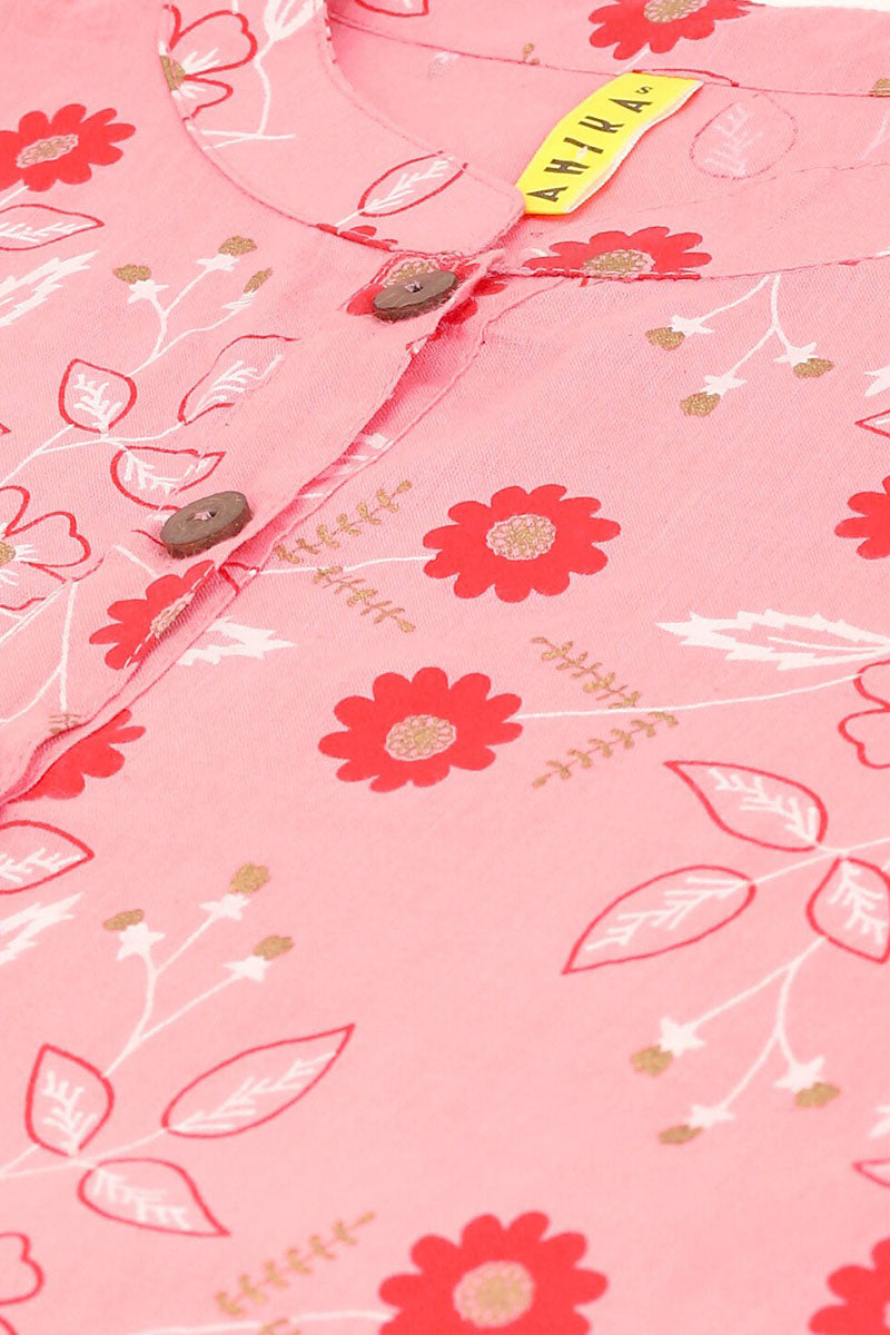 Pink Cotton Floral Print Regular Tunic Top | SHOBITAM