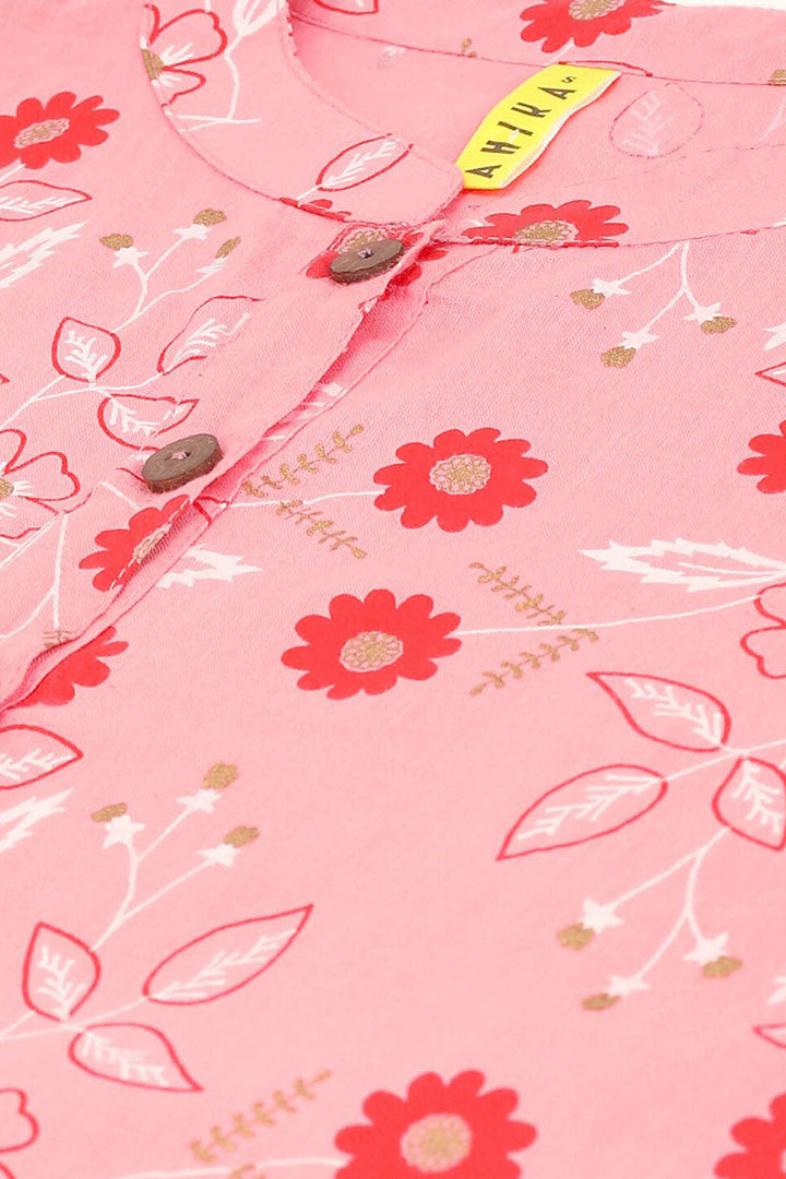 Pink Cotton Floral Print Regular Tunic Top | SHOBITAM