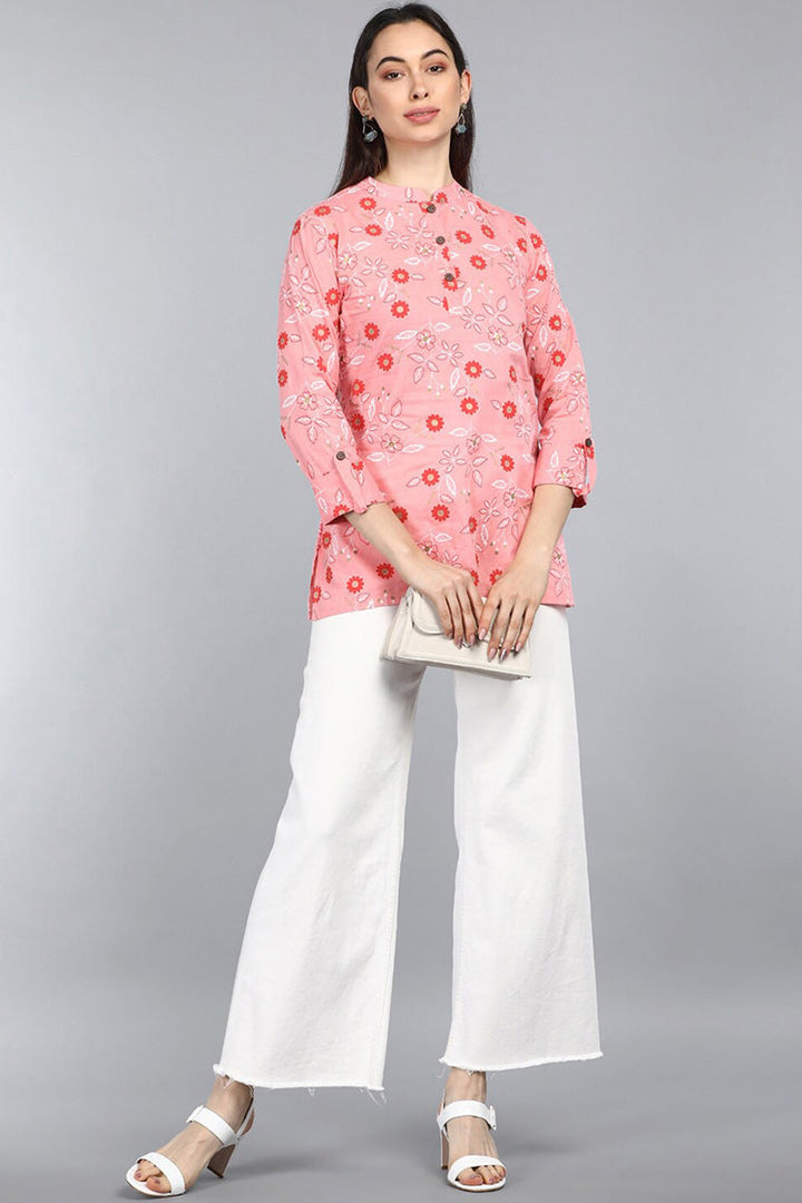 Pink Cotton Floral Print Regular Tunic Top | SHOBITAM