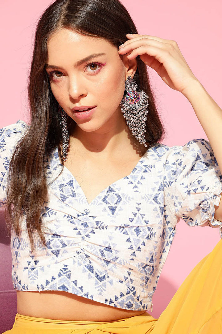 Off White Cotton Ethnic Motifs Crop Top | SHOBITAM