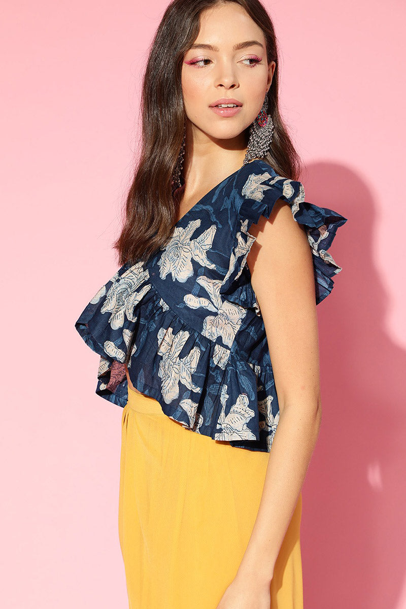 Blue Cotton Floral Print Peplum Crop Top | SHOBITAM
