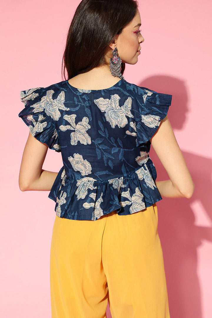Blue Cotton Floral Print Peplum Crop Top | SHOBITAM
