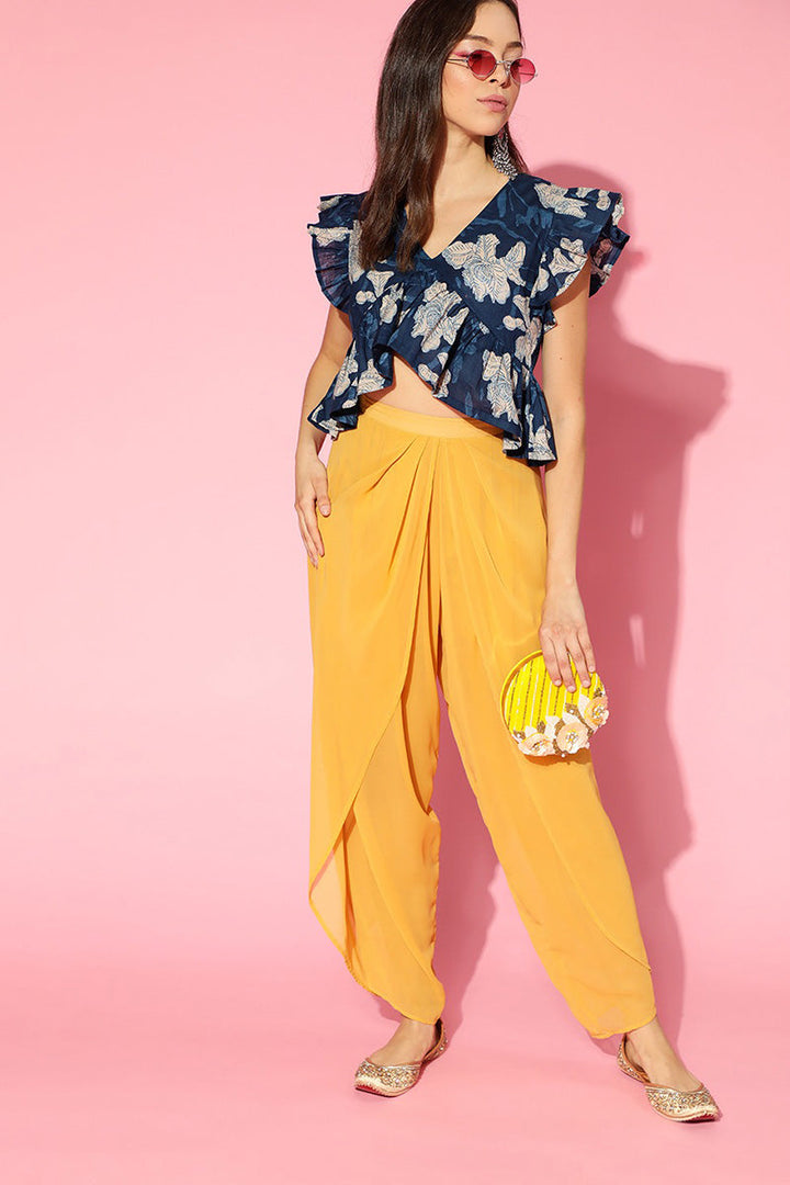 Blue Cotton Floral Print Peplum Crop Top | SHOBITAM