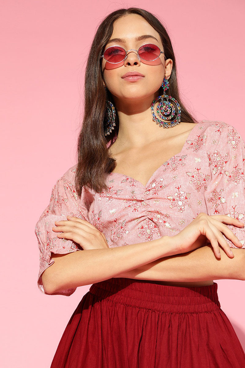 Peach Cotton Ethnic Motifs Crop Top | SHOBITAM