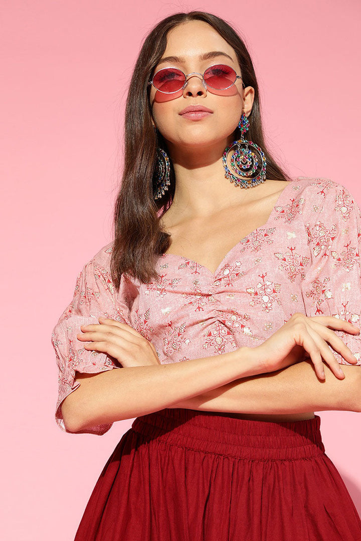 Peach Cotton Ethnic Motifs Crop Top | SHOBITAM