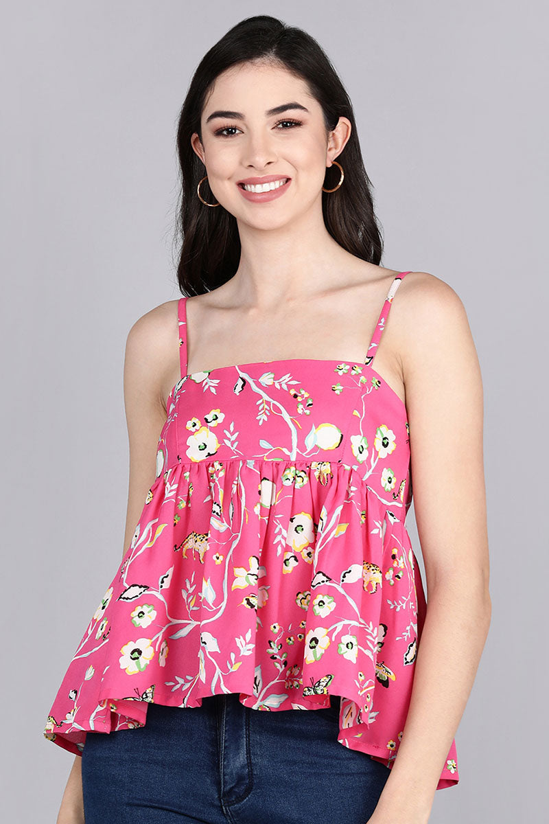 Pink Georgette Floral Print Crop Top  | SHOBITAM