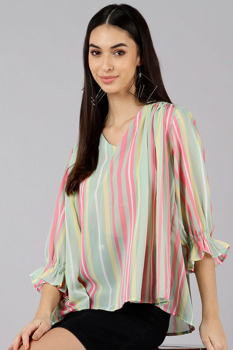 Multi Color Georgette Striped Top  | SHOBITAM