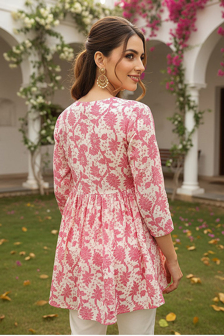 Cotton Blend Off White Floral Printed Top | SHOBITAM