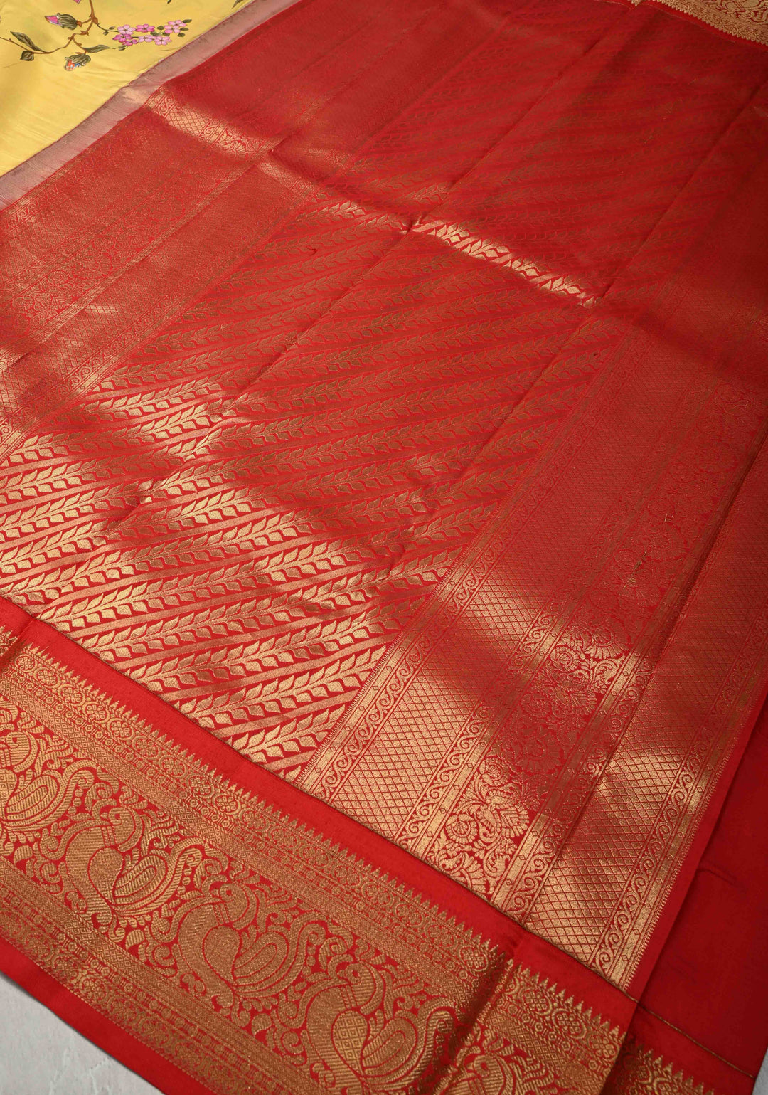 Canary Yellow Pure Kanjivaram Silk Saree with Tropical Flowers Digital Print and Contrast Zari Border | SILK MARK CERTIFIED | SHOBITAM