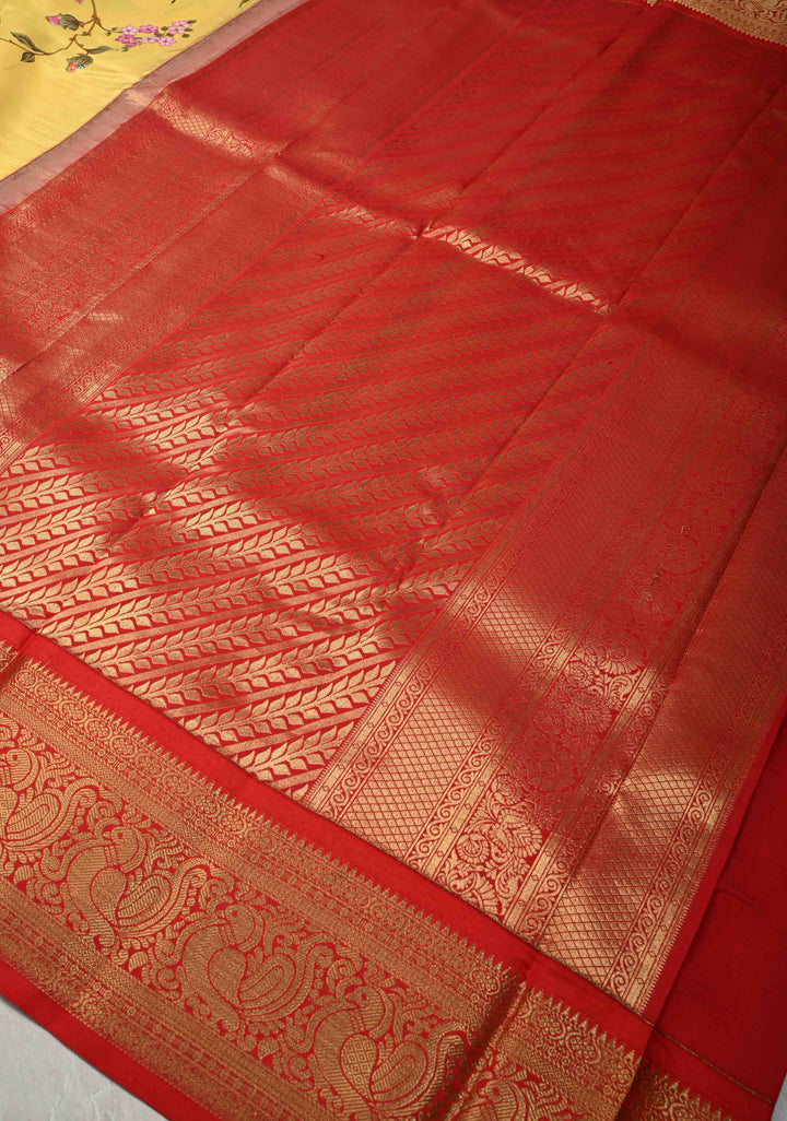 Canary Yellow Pure Kanjivaram Silk Saree with Tropical Flowers Digital Print and Contrast Zari Border | SILK MARK CERTIFIED | SHOBITAM