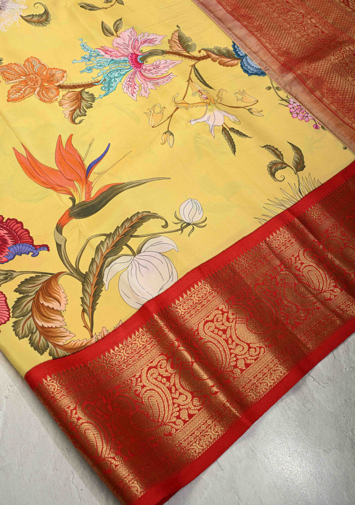 Canary Yellow Pure Kanjivaram Silk Saree with Tropical Flowers Digital Print and Contrast Zari Border | SILK MARK CERTIFIED | SHOBITAM
