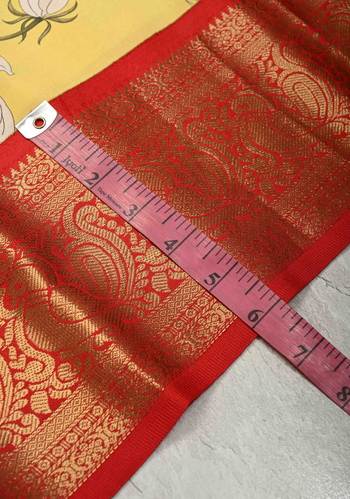 Canary Yellow Pure Kanjivaram Silk Saree with Tropical Flowers Digital Print and Contrast Zari Border | SILK MARK CERTIFIED | SHOBITAM