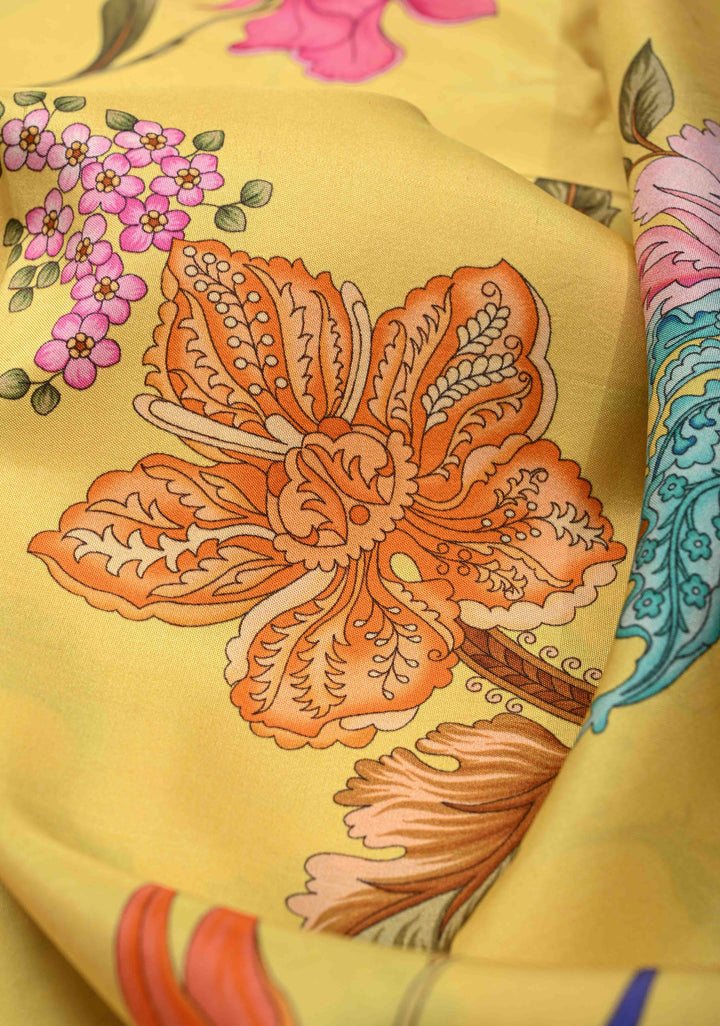 Canary Yellow Pure Kanjivaram Silk Saree with Tropical Flowers Digital Print and Contrast Zari Border | SILK MARK CERTIFIED | SHOBITAM