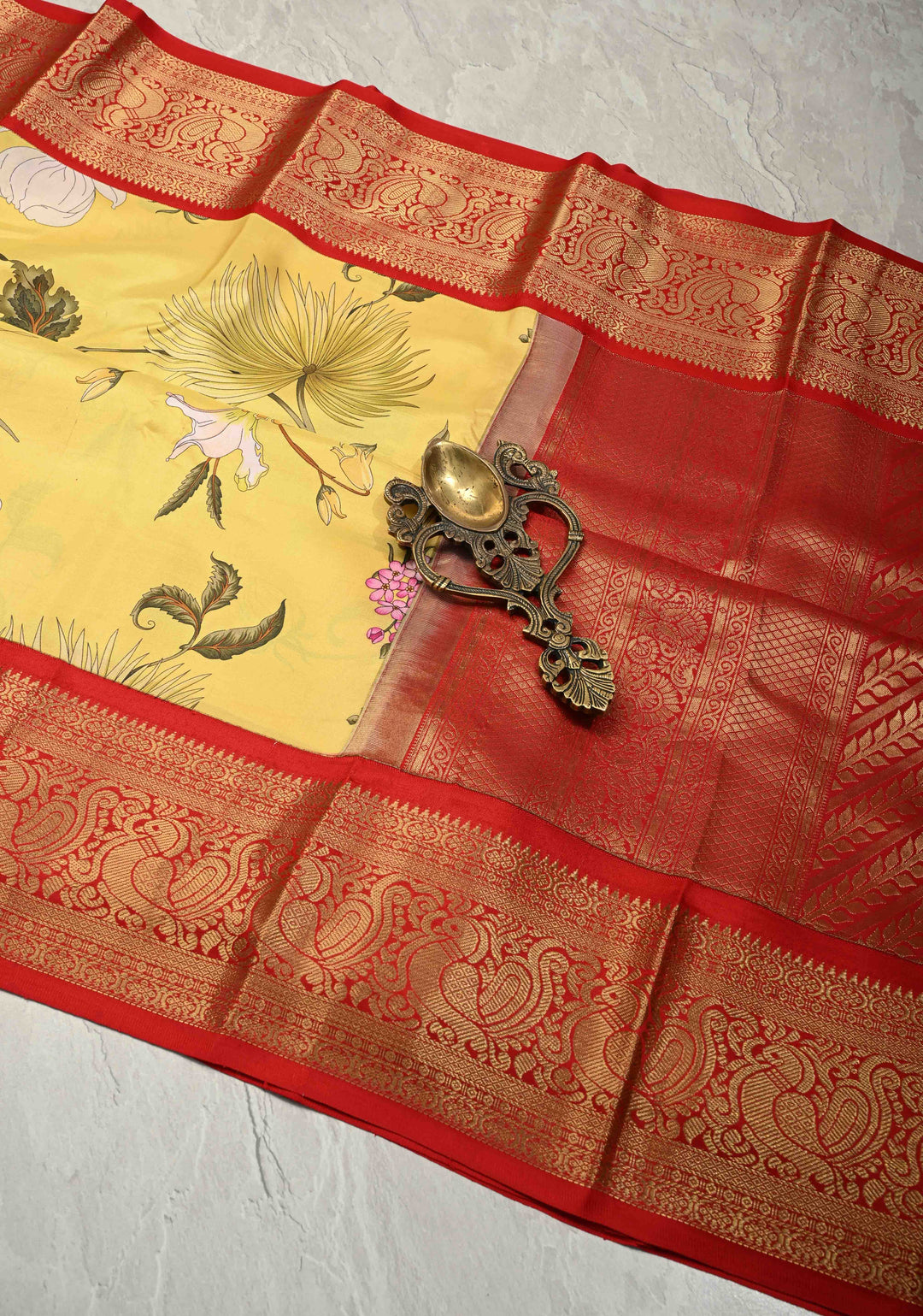 Canary Yellow Pure Kanjivaram Silk Saree with Tropical Flowers Digital Print and Contrast Zari Border | SILK MARK CERTIFIED | SHOBITAM