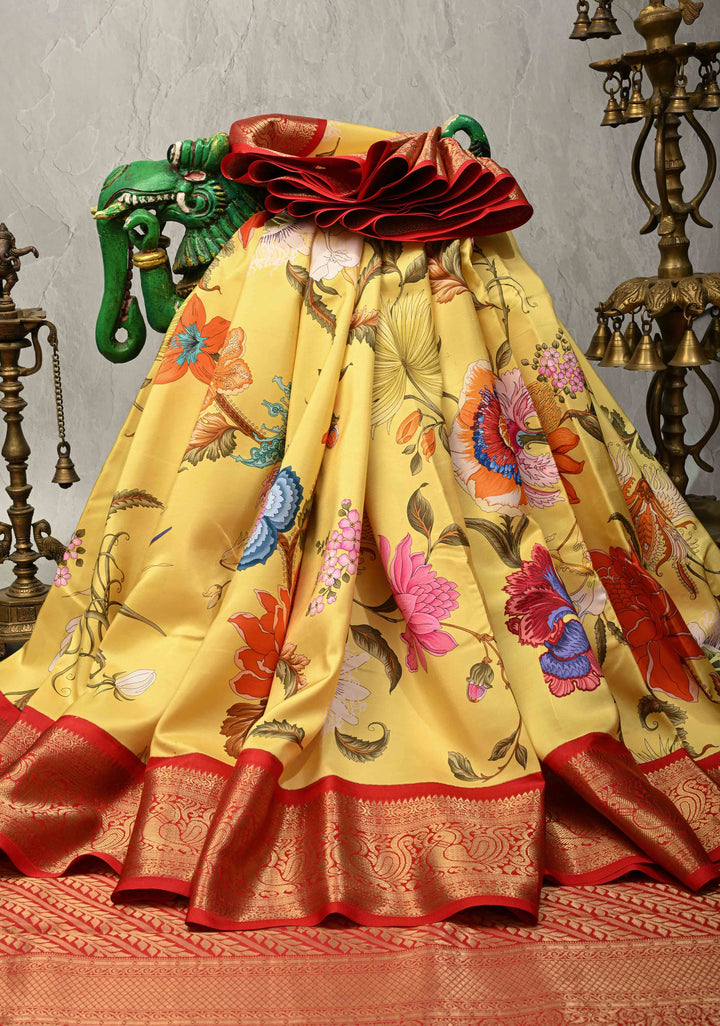 Canary Yellow Pure Kanjivaram Silk Saree with Tropical Flowers Digital Print and Contrast Zari Border | SILK MARK CERTIFIED | SHOBITAM