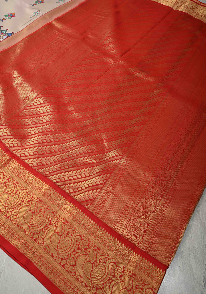 Smokey Gray Pure Kanjivaram Silk Saree with Madhubani Digital Print and Red Contrast Zari Border | SILK MARK CERTIFIED