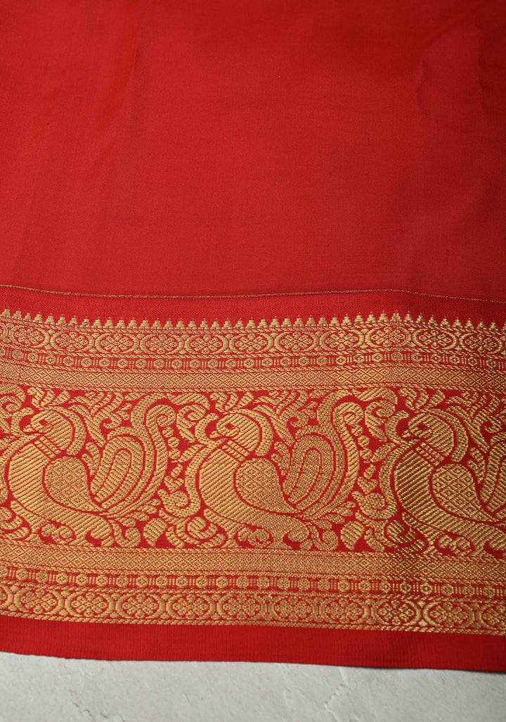 Smokey Gray Pure Kanjivaram Silk Saree with Madhubani Digital Print and Red Contrast Zari Border | SILK MARK CERTIFIED