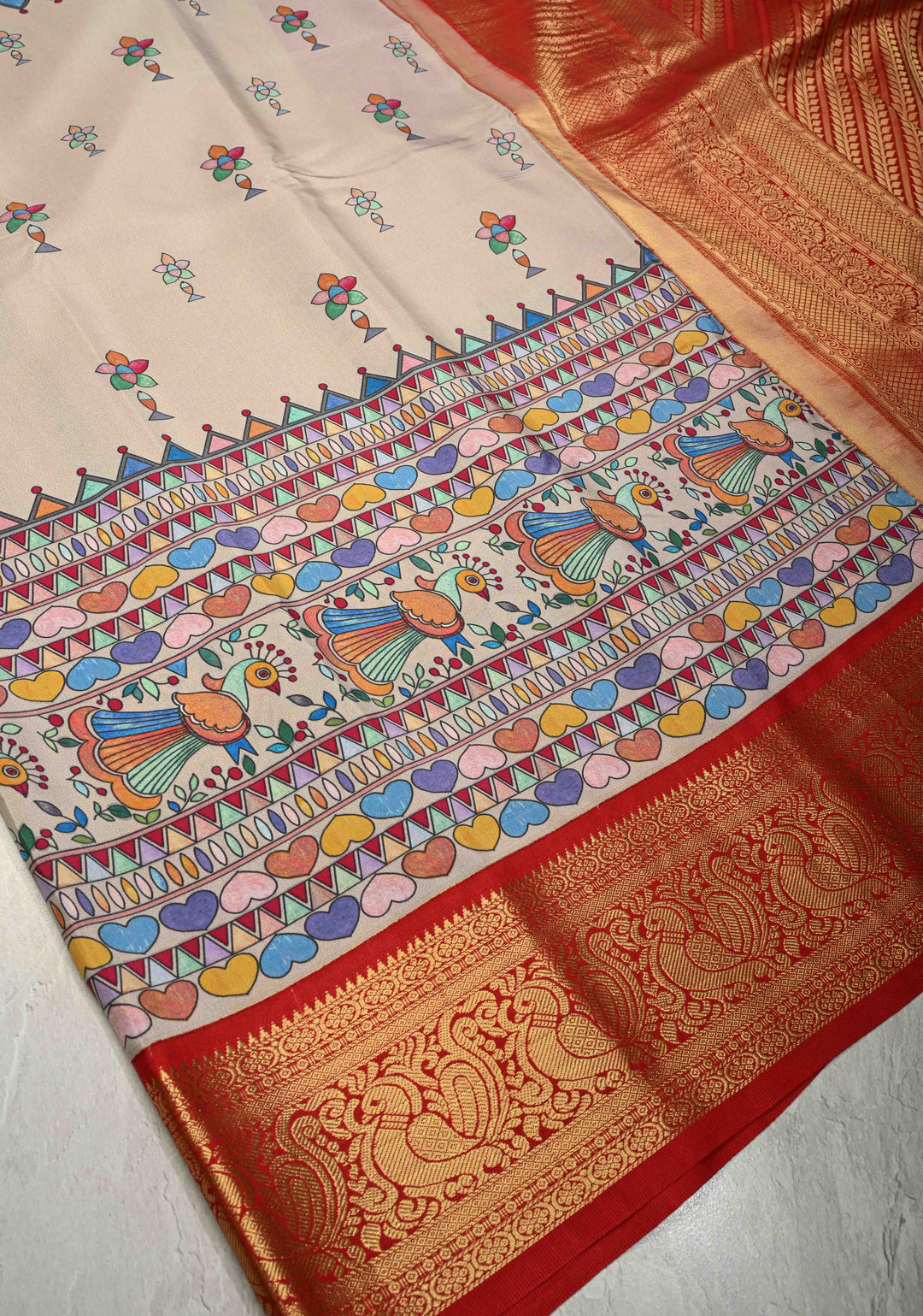 Smokey Gray Pure Kanjivaram Silk Saree with Madhubani Digital Print and Red Contrast Zari Border | SILK MARK CERTIFIED