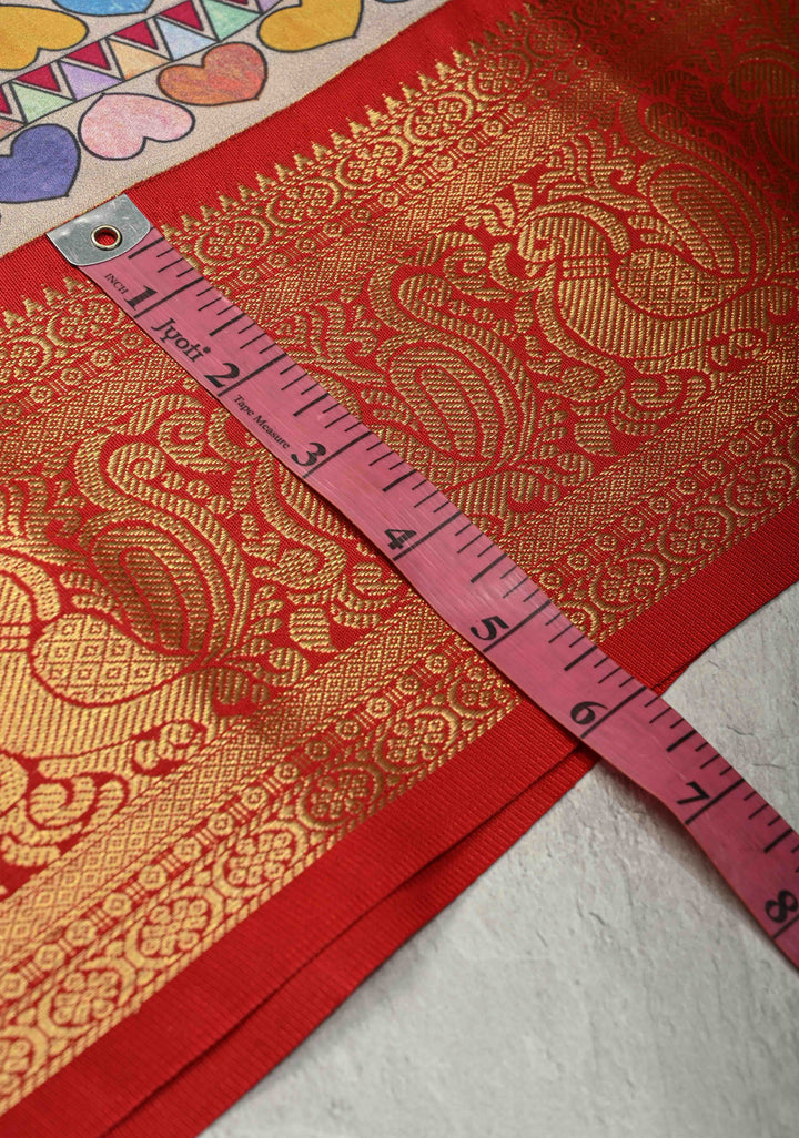 Smokey Gray Pure Kanjivaram Silk Saree with Madhubani Digital Print and Red Contrast Zari Border | SILK MARK CERTIFIED