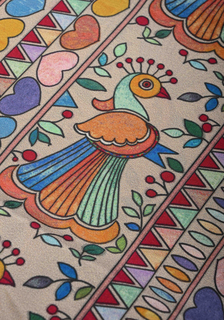 Smokey Gray Pure Kanjivaram Silk Saree with Madhubani Digital Print and Red Contrast Zari Border | SILK MARK CERTIFIED