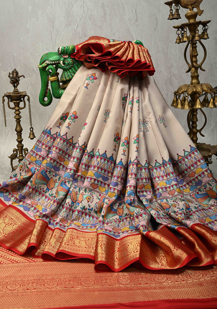 Smokey Gray Pure Kanjivaram Silk Saree with Madhubani Digital Print and Red Contrast Zari Border | SILK MARK CERTIFIED