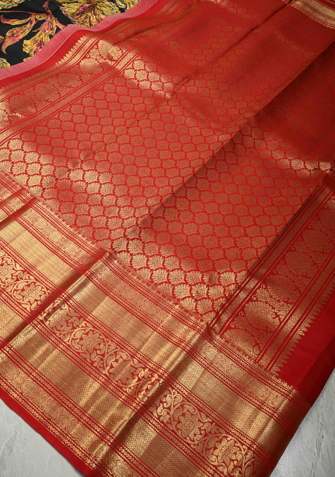 Black Pure Kanjivaram Silk Saree with Abstract Florals Digital Print and Wide Contrast Zari Border | SILK MARK CERTIFIED