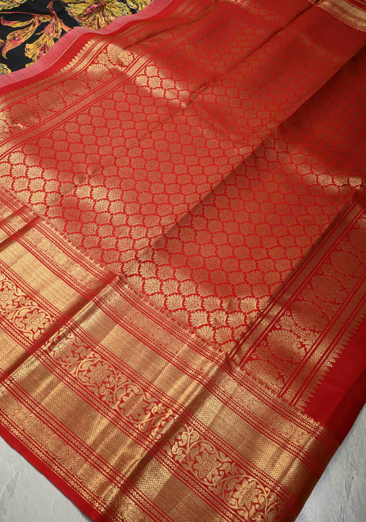 Black Pure Kanjivaram Silk Saree with Abstract Florals Digital Print and Wide Contrast Zari Border | SILK MARK CERTIFIED