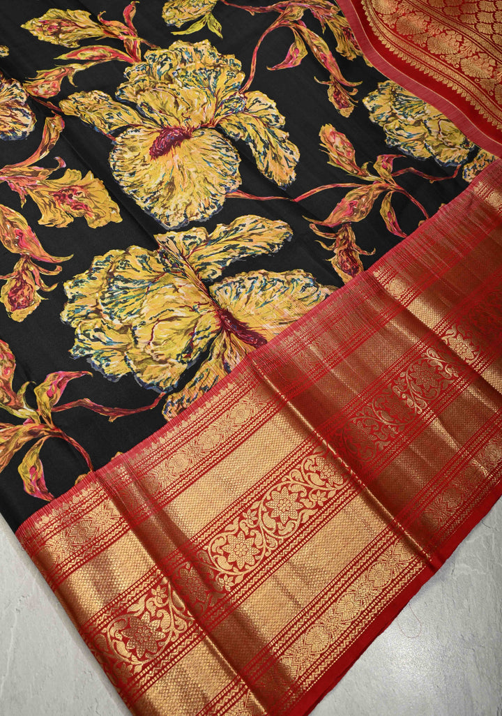 Black Pure Kanjivaram Silk Saree with Abstract Florals Digital Print and Wide Contrast Zari Border | SILK MARK CERTIFIED