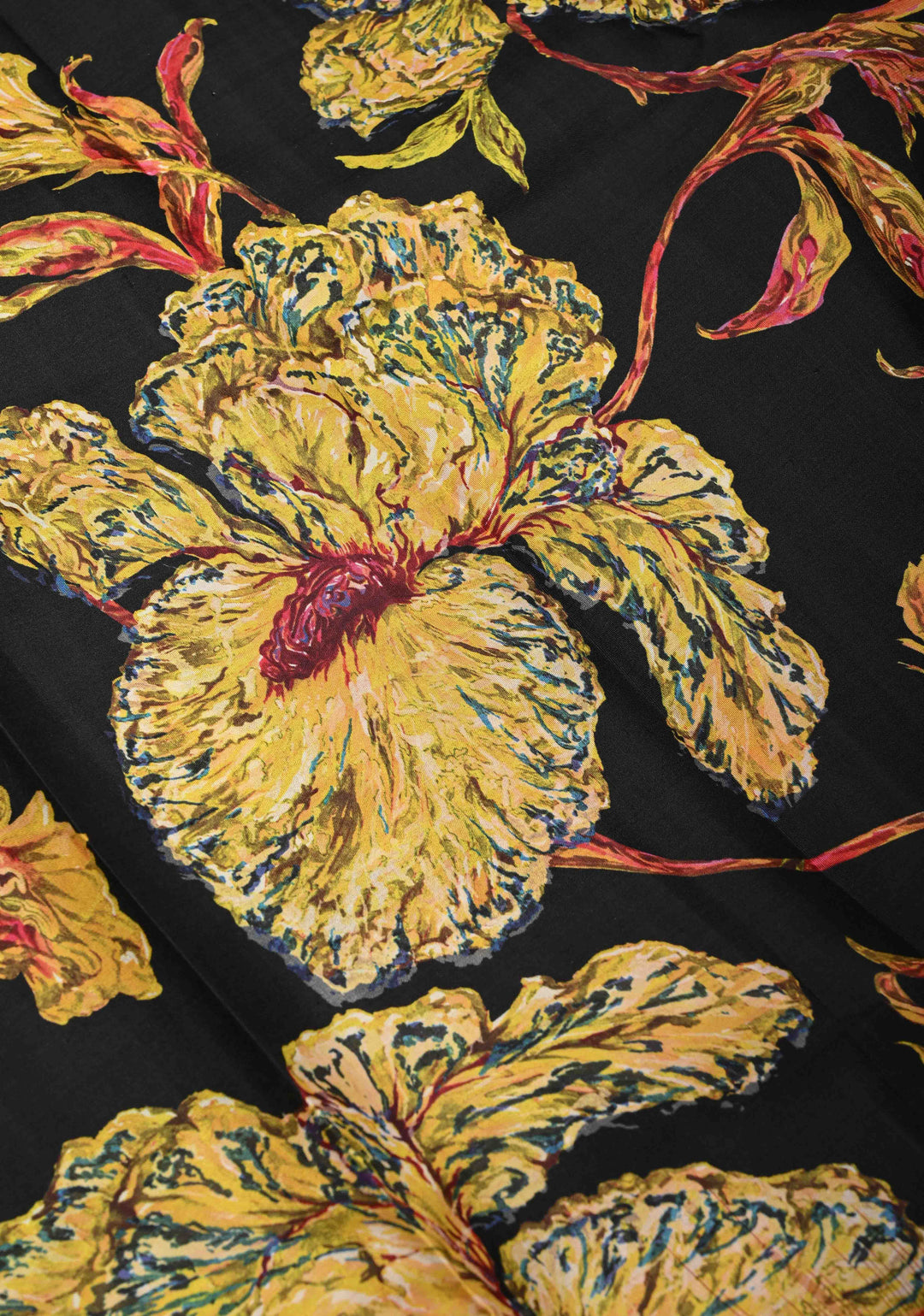 Black Pure Kanjivaram Silk Saree with Abstract Florals Digital Print and Wide Contrast Zari Border | SILK MARK CERTIFIED