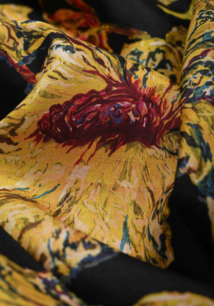 Black Pure Kanjivaram Silk Saree with Abstract Florals Digital Print and Wide Contrast Zari Border | SILK MARK CERTIFIED