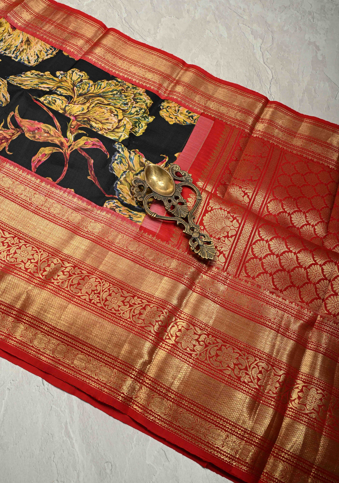 Black Pure Kanjivaram Silk Saree with Abstract Florals Digital Print and Wide Contrast Zari Border | SILK MARK CERTIFIED