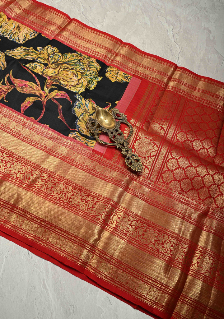 Black Pure Kanjivaram Silk Saree with Abstract Florals Digital Print and Wide Contrast Zari Border | SILK MARK CERTIFIED