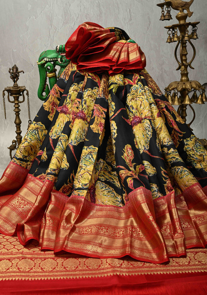 Black Pure Kanjivaram Silk Saree with Abstract Florals Digital Print and Wide Contrast Zari Border | SILK MARK CERTIFIED