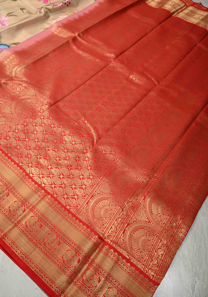 Light Beige Pure Kanjivaram Silk Saree with Tropical Flowers Digital Print and Contrast Zari Border | SILK MARK CERTIFIED