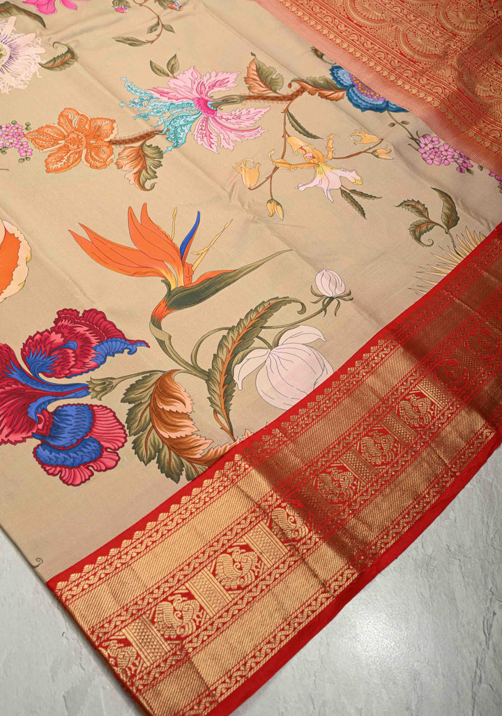 Light Beige Pure Kanjivaram Silk Saree with Tropical Flowers Digital Print and Contrast Zari Border | SILK MARK CERTIFIED