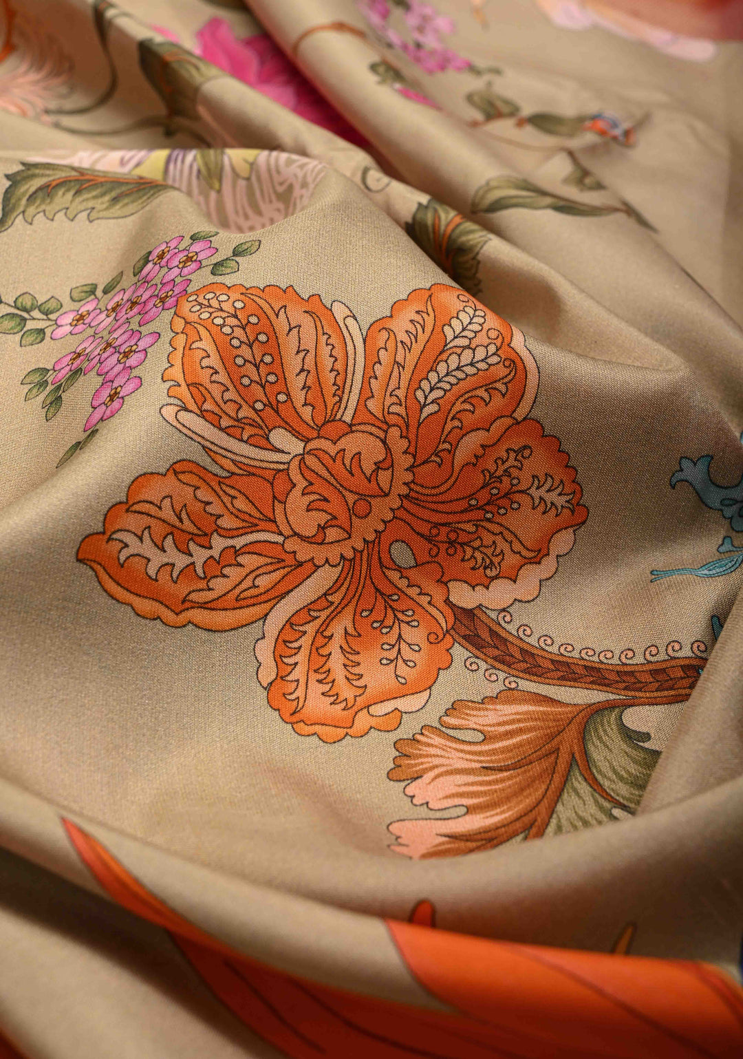 Light Beige Pure Kanjivaram Silk Saree with Tropical Flowers Digital Print and Contrast Zari Border | SILK MARK CERTIFIED