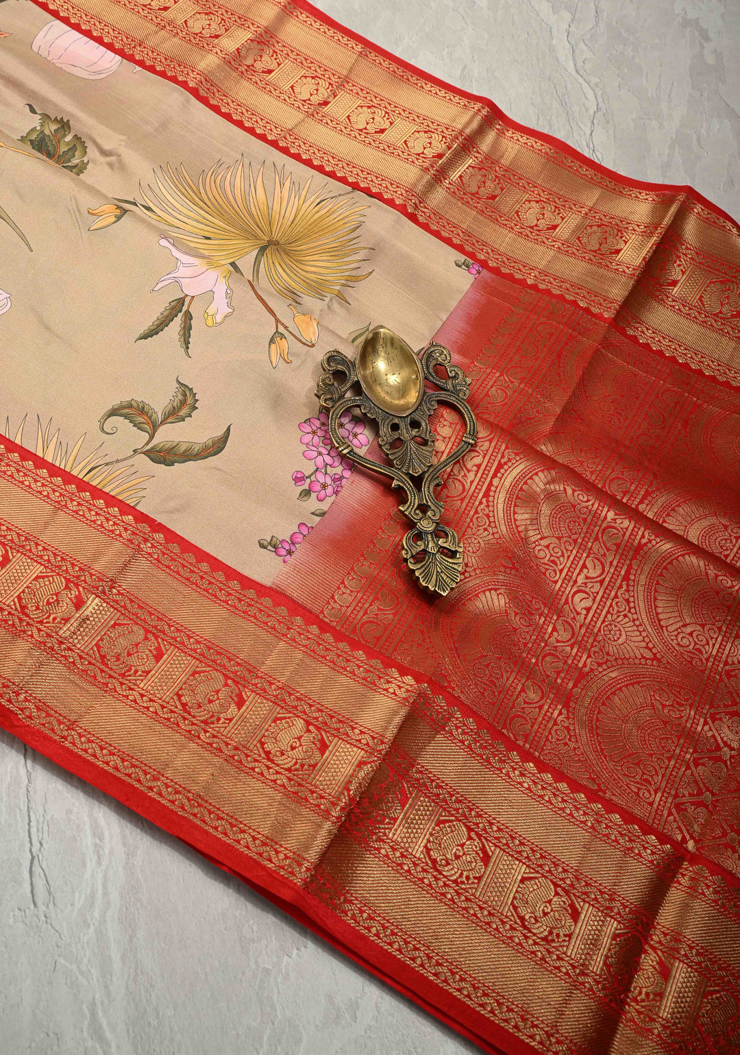 Light Beige Pure Kanjivaram Silk Saree with Tropical Flowers Digital Print and Contrast Zari Border | SILK MARK CERTIFIED