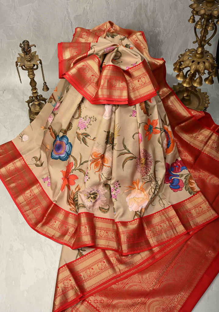 Light Beige Pure Kanjivaram Silk Saree with Tropical Flowers Digital Print and Contrast Zari Border | SILK MARK CERTIFIED