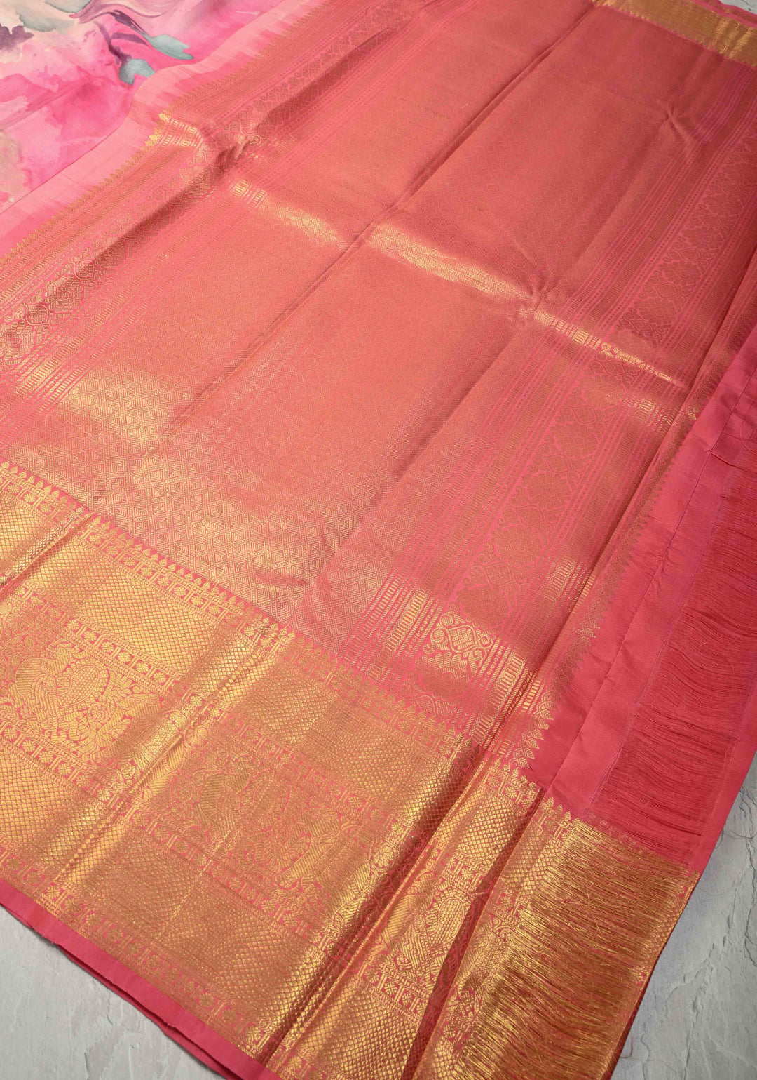 Watercolor Pure Kanjivaram Silk Saree with Florals Digital Print and Zari Border | SILK MARK CERTIFIED