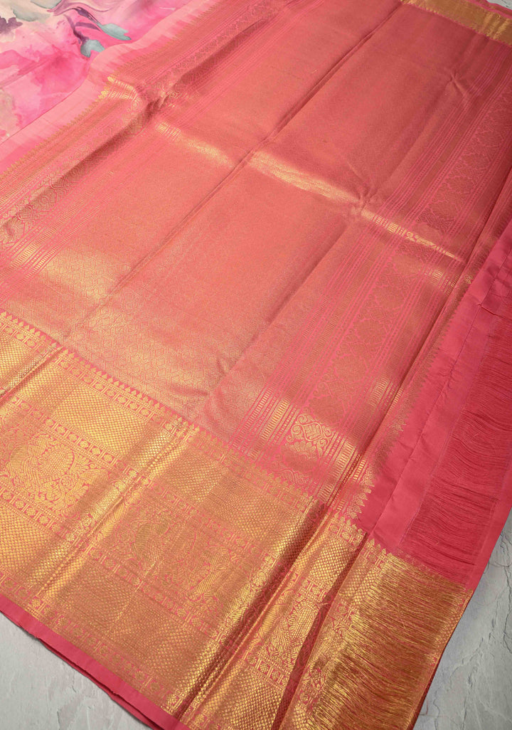 Watercolor Pure Kanjivaram Silk Saree with Florals Digital Print and Zari Border | SILK MARK CERTIFIED