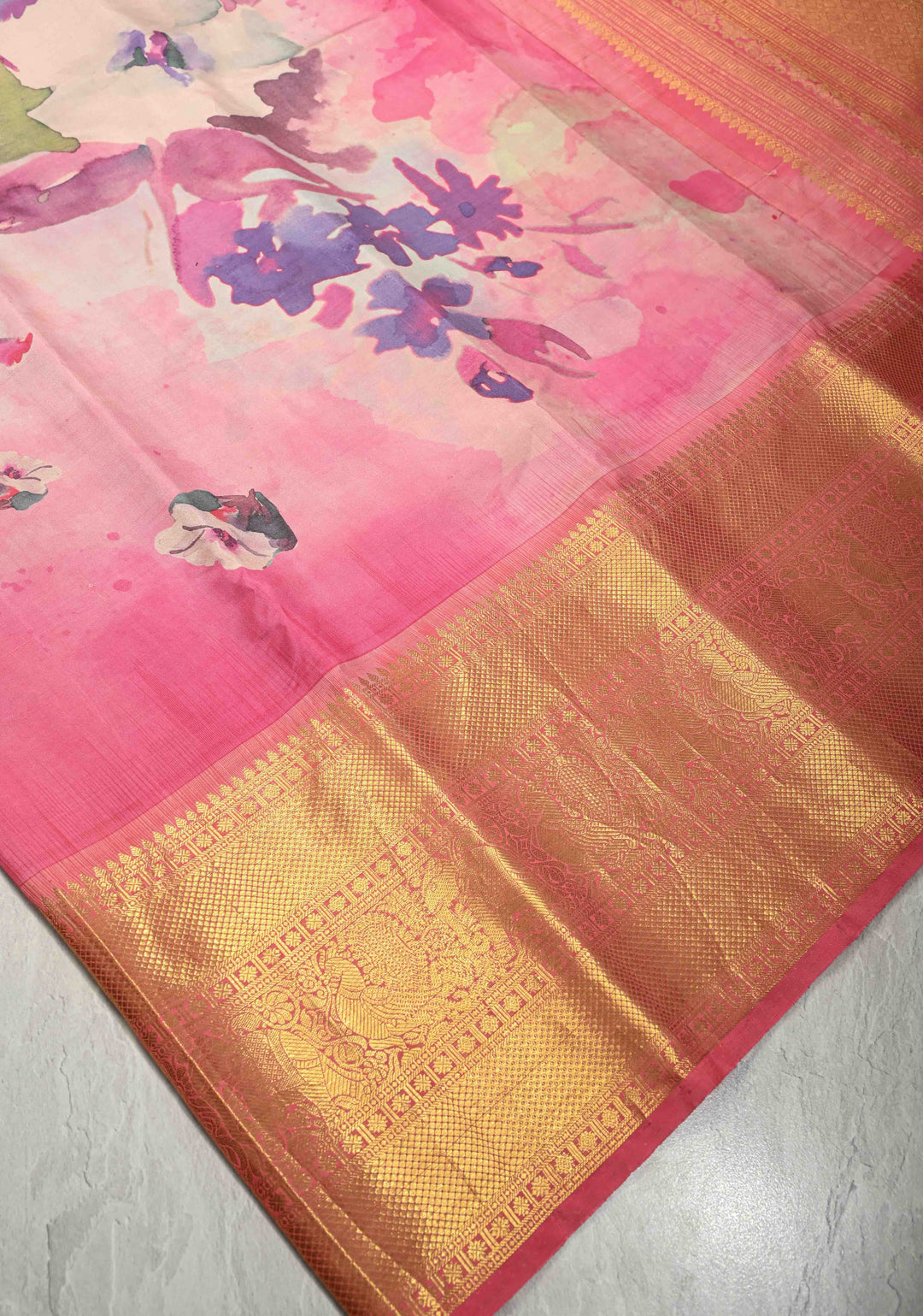 Watercolor Pure Kanjivaram Silk Saree with Florals Digital Print and Zari Border | SILK MARK CERTIFIED