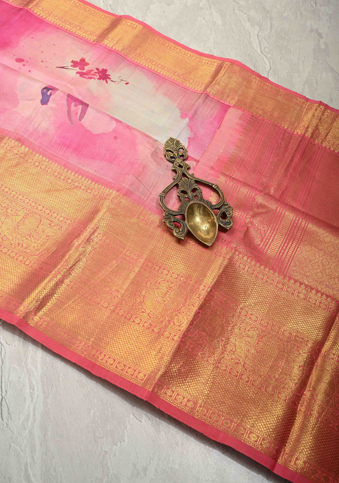 Watercolor Pure Kanjivaram Silk Saree with Florals Digital Print and Zari Border | SILK MARK CERTIFIED