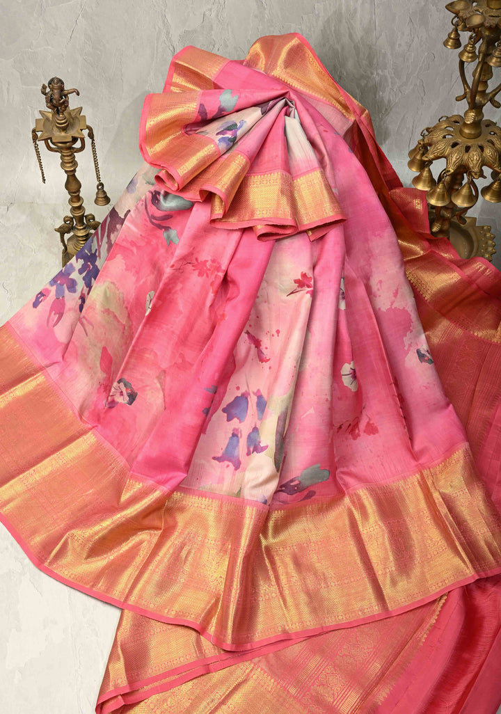 Watercolor Pure Kanjivaram Silk Saree with Florals Digital Print and Zari Border | SILK MARK CERTIFIED