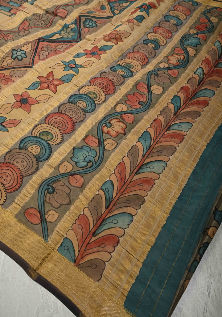 Beige Authentic Hand painted Pen Kalamkari on Pure Mysore Crepe Silk Saree with Cultural Dancing theme  Wide Multicolor Stripes Border | SILK MARK CERTIFIED