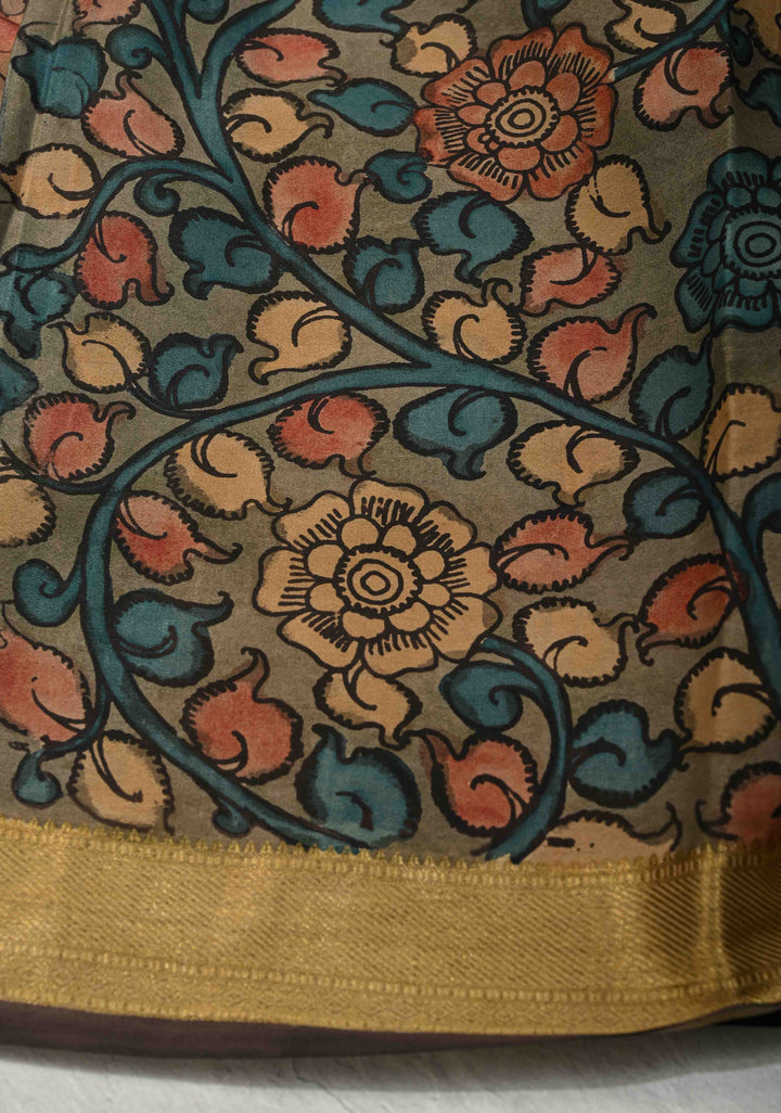 Beige Authentic Hand painted Pen Kalamkari on Pure Mysore Crepe Silk Saree with Cultural Dancing theme  Wide Multicolor Stripes Border | SILK MARK CERTIFIED