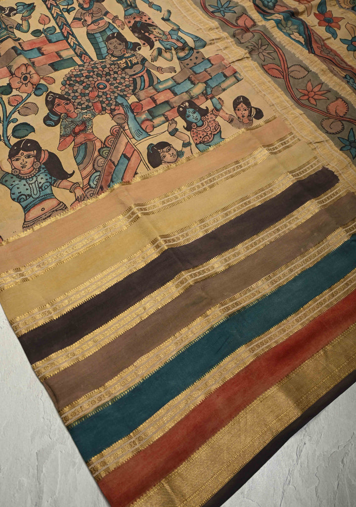 Beige Authentic Hand painted Pen Kalamkari on Pure Mysore Crepe Silk Saree with Cultural Dancing theme  Wide Multicolor Stripes Border | SILK MARK CERTIFIED